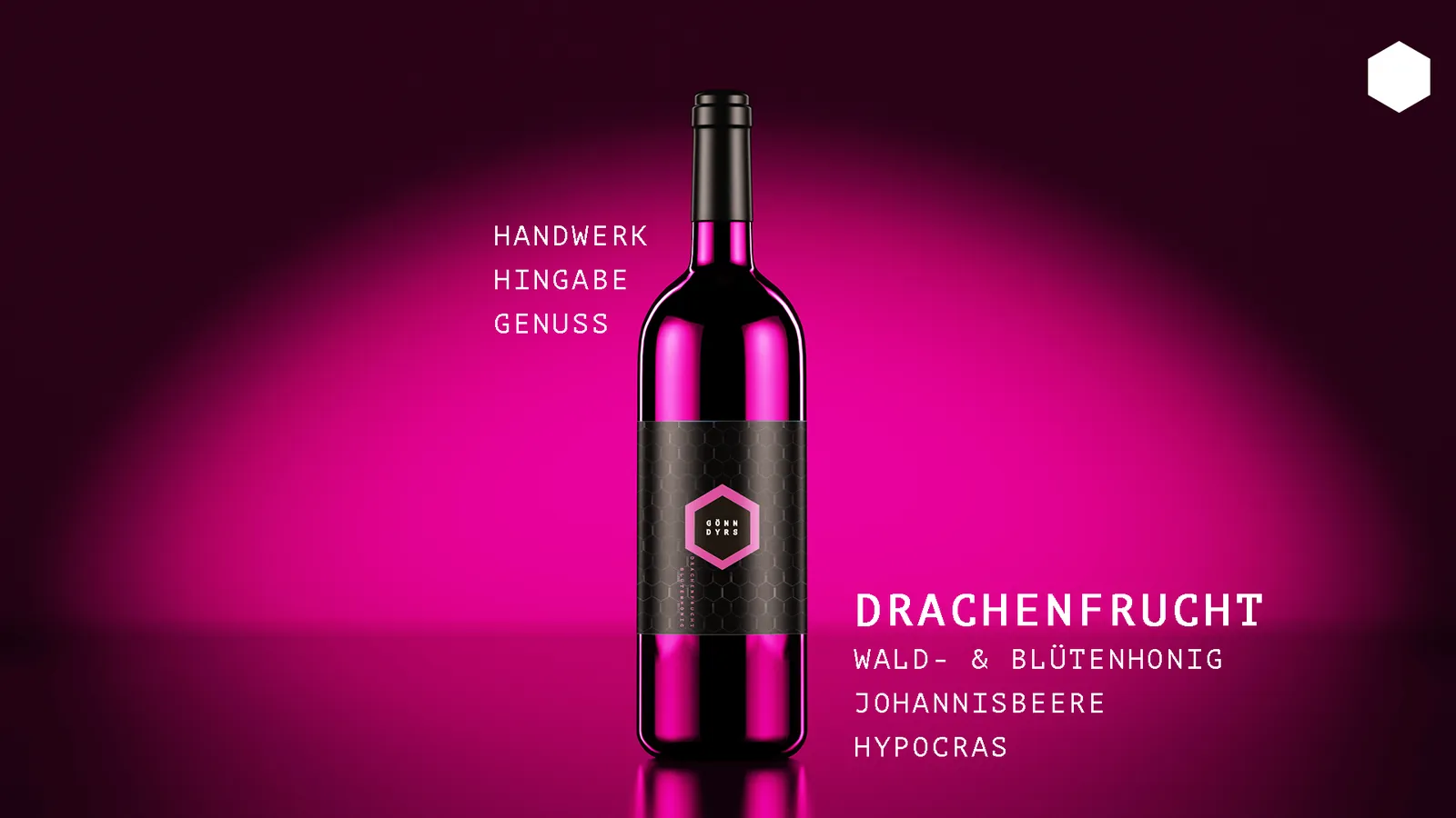 Bottle of dragon fruit mead in a pink spotlight