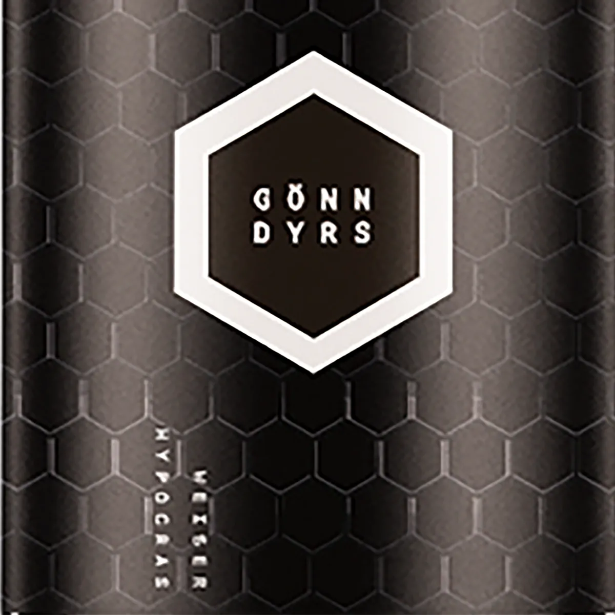 Close-up of the label with hexagon and honeycomb pattern