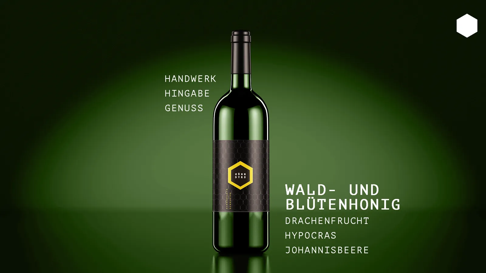 Bottle of forest and blossom honey mead in a green spotlight