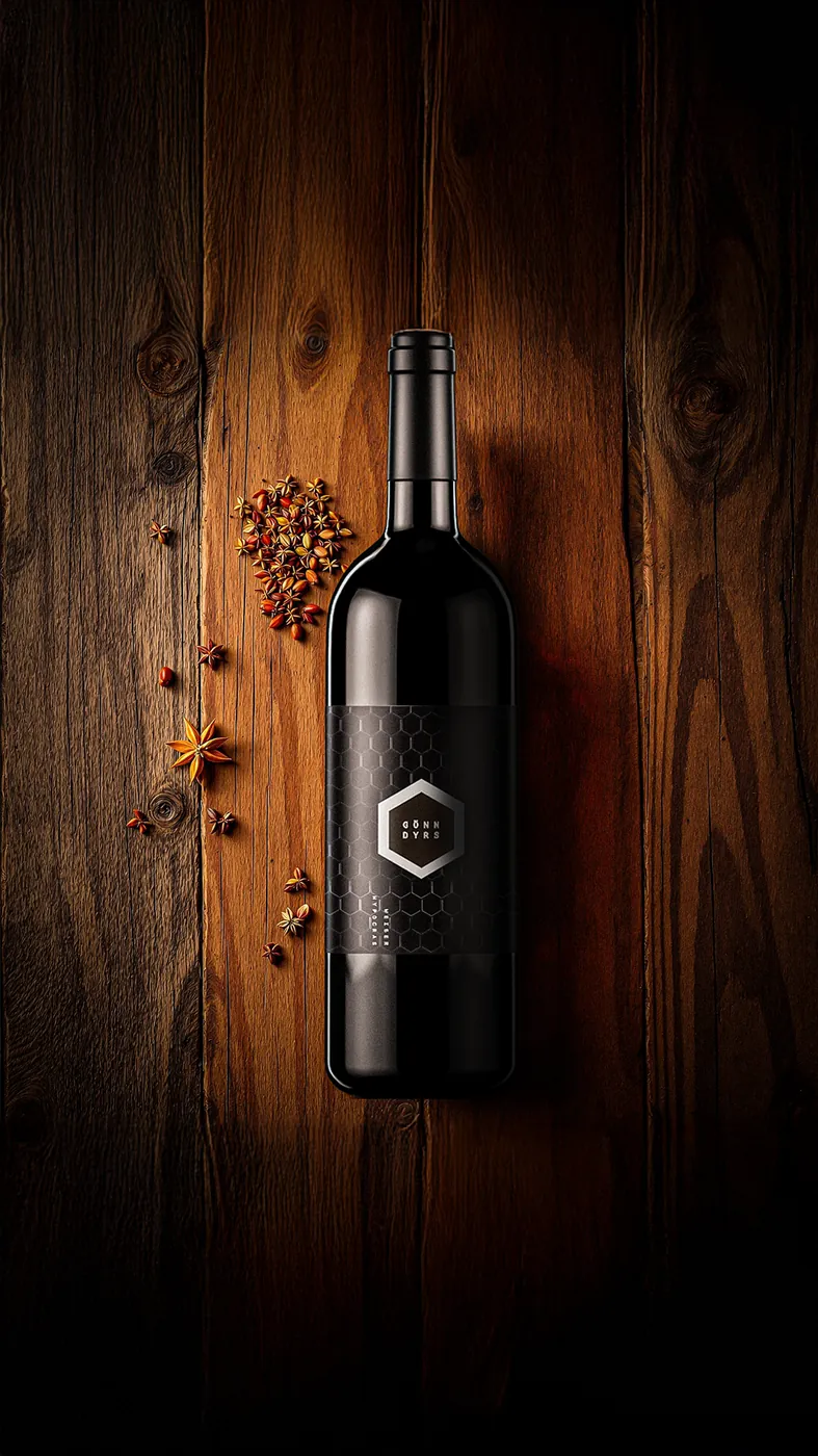 Bottle of hypocras on dark wood with star anise
